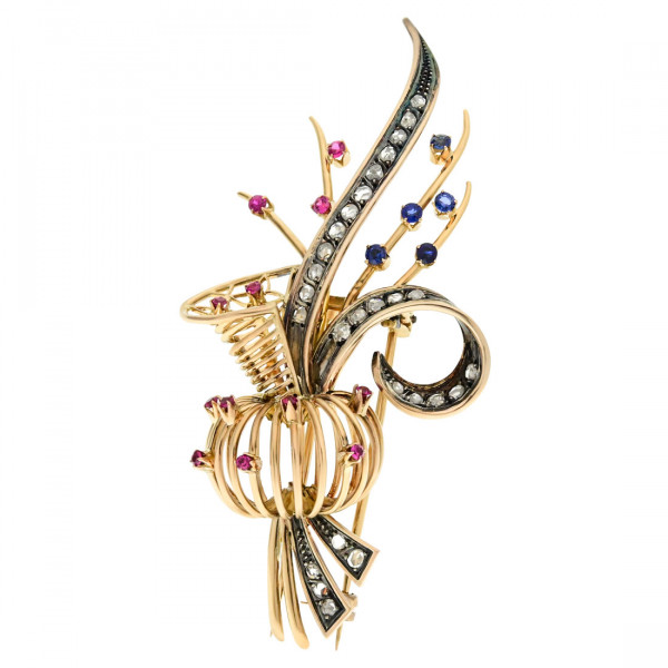 Handmade K18 Gold Brooch with Precious Stones