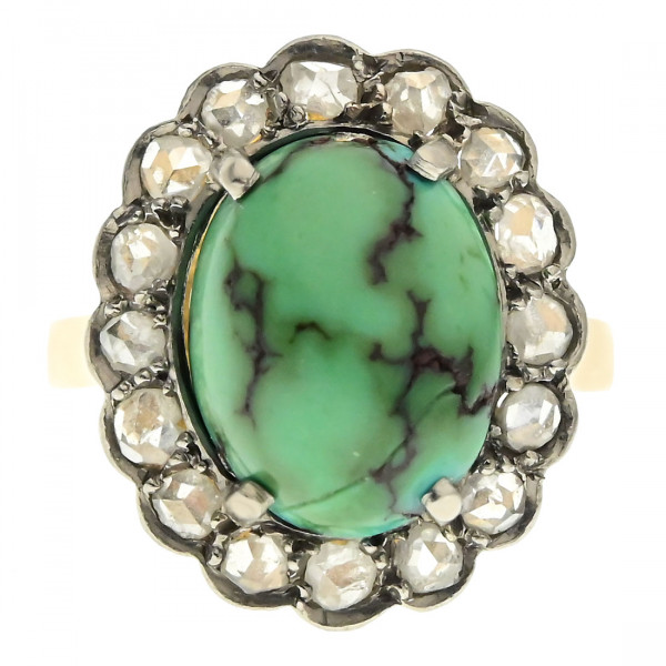  K18 Gold Ring Vintage Turquoise and Diamonds